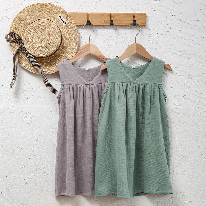 

Girls Daily Casual V-Neck Vest Dress 2024 Summer New 100% Cotton Crepe Casual Loose Pleated Sleeveless Dresses