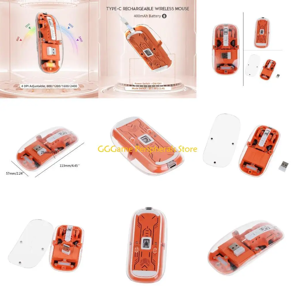 

U55B Wireless Mouse Transparent Top Cover BT1+BT2+2.4Ghz ThreeModes Recharge