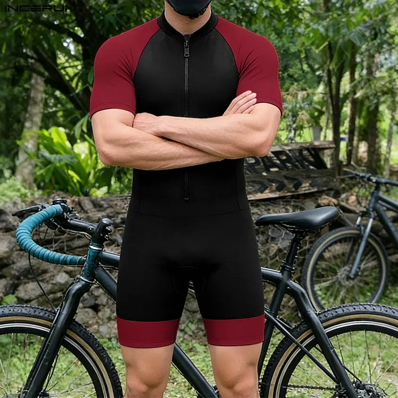 INCERUN Men's Bodysuits Patchwork Color-block Zipper Short Sleeve Rompers For Man Playsuits Workout Fashion Casual Male Bodysuit