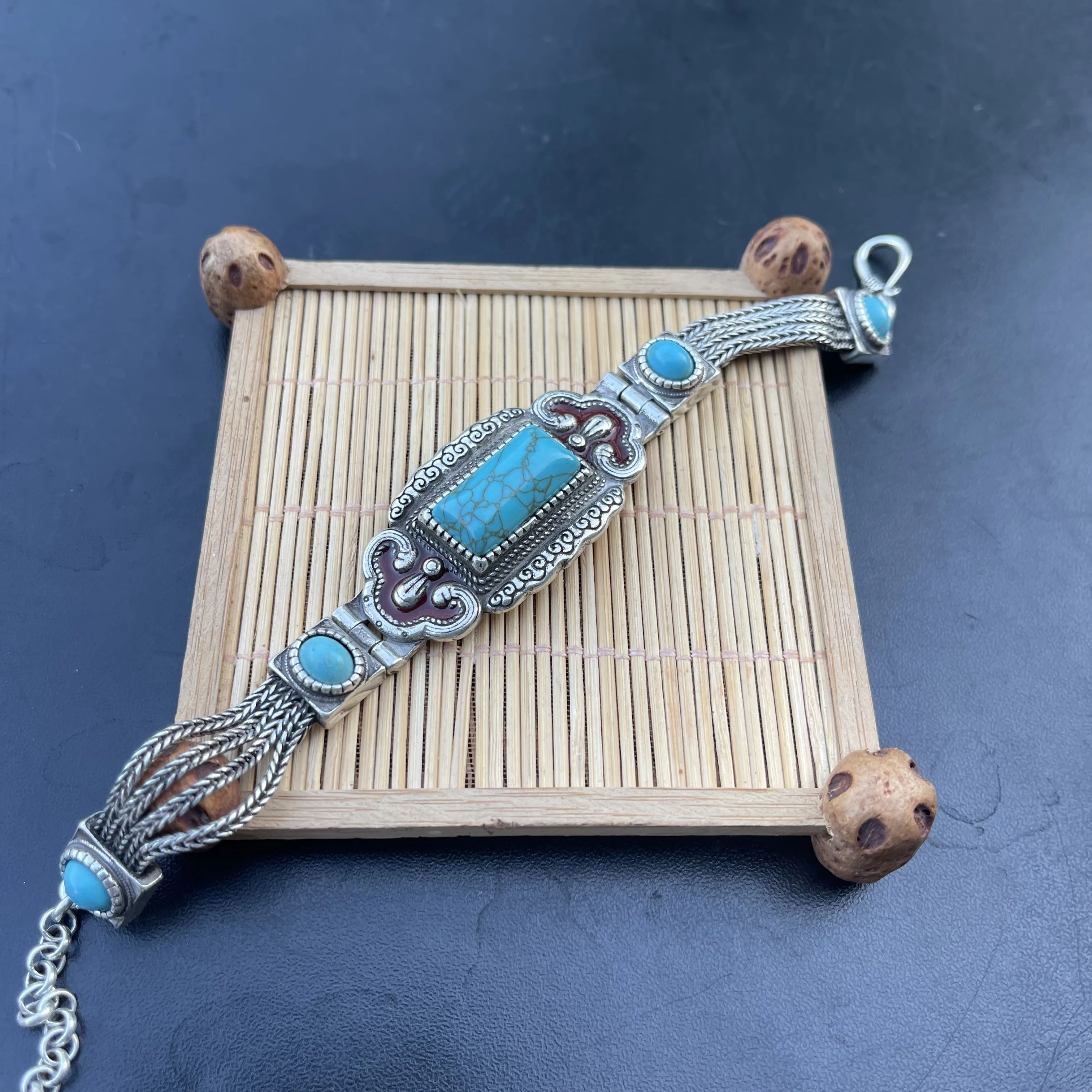 Vintage Tibetan Silver Multi‑Chain Bracelet for Women Enamel Inlaid Turquoise Stone Retro Ethnic Tribal Link Chain Statement Fol