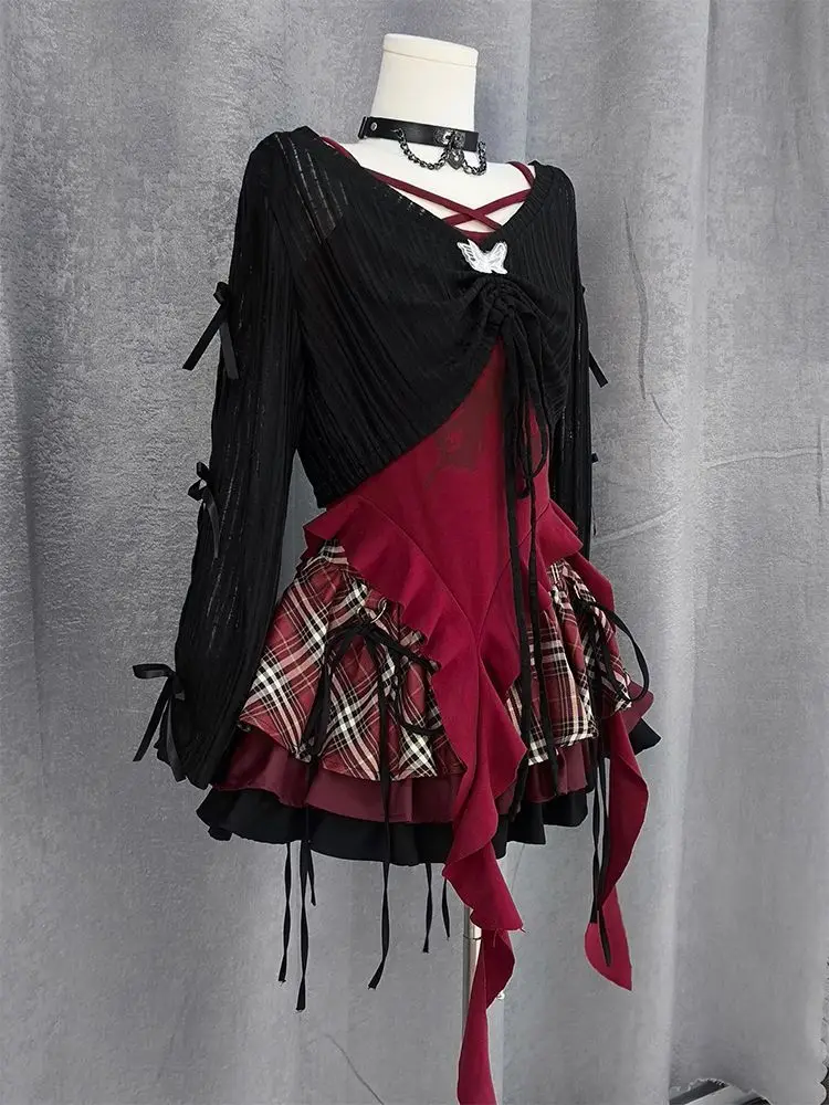 Set tre pezzi sottile gotico giapponese sottocultura estiva design punk grembiule irregolare Y2k bretella plaid gonna gonfia vestito 2025 nuovo