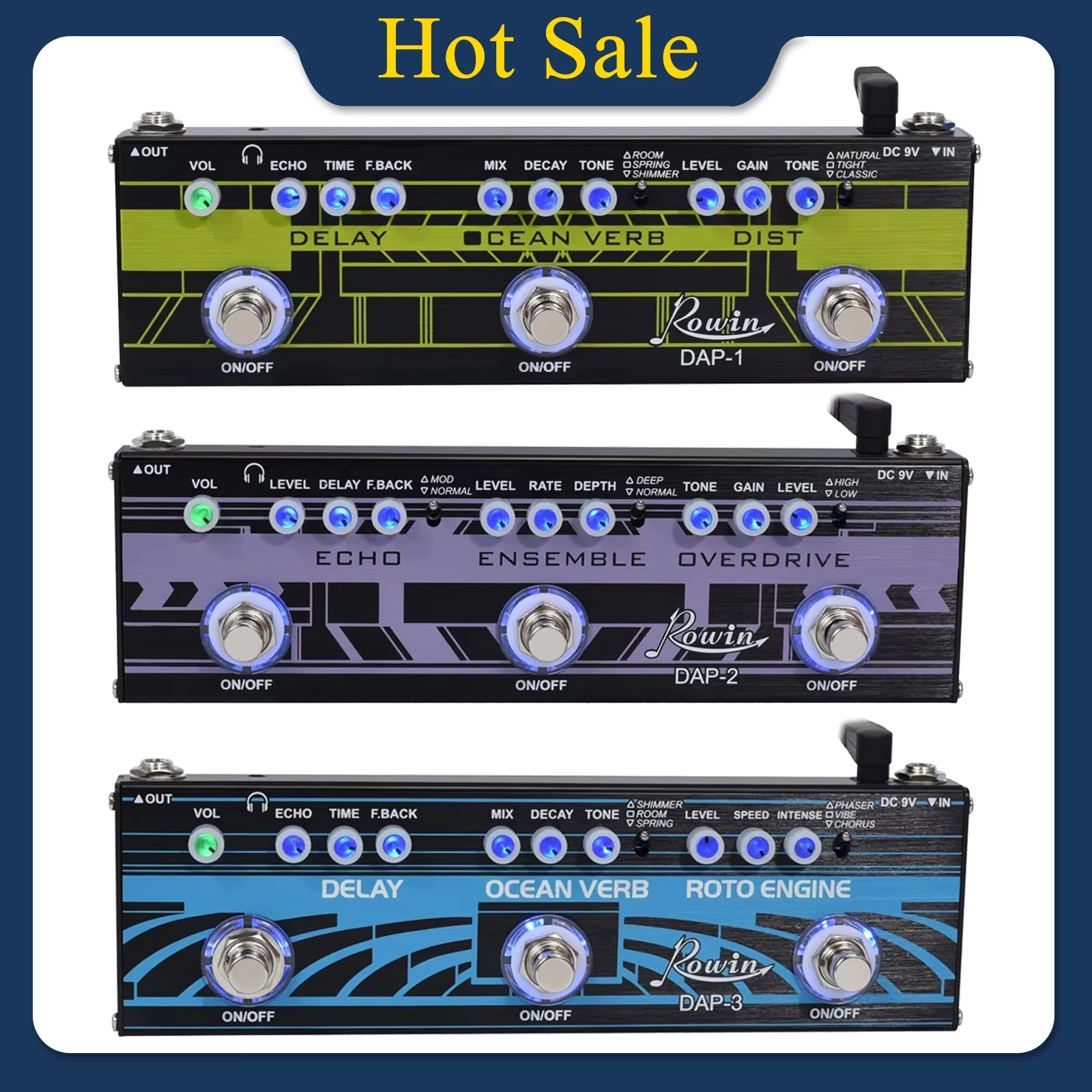 Rowin DAP-1/2/3 Guitar Multi Effects Pedals Delay Reverb Distortion Effect 3 in 1 Pedal Engine Ocean Verb Electric Guitar Parts