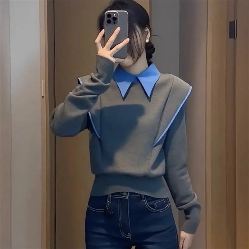 Fake Two-piece Design T-shirt Female 2026Spring Autumn New Coat Micro-elastic Fashion Jacket Lapel Long-sleeved Waist Tops Women