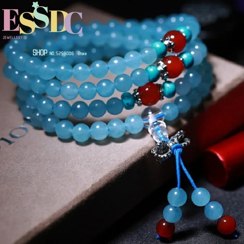 6mm Natural Blue Chalcedony 108 Mala Crystal Beads Women Bracelet Red Onyx and Yellow Stone Safety Buttons Lady's Sweater Chain