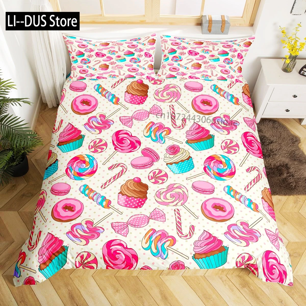 Watercolor Duvet Cover Set, Delicious Pink Donuts Pattern, Decorative 3 Piece Bedding Set with 2 Pillow Shams, Queen Full Size