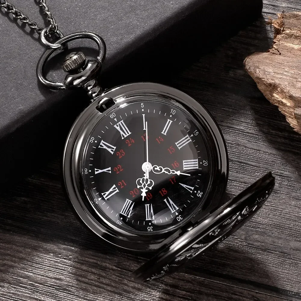 Vintage Charm Black Unisex Fashion Roman Number Quartz Steampunk Pocket Watch Women Man Necklace Pendant with Chain Gift
