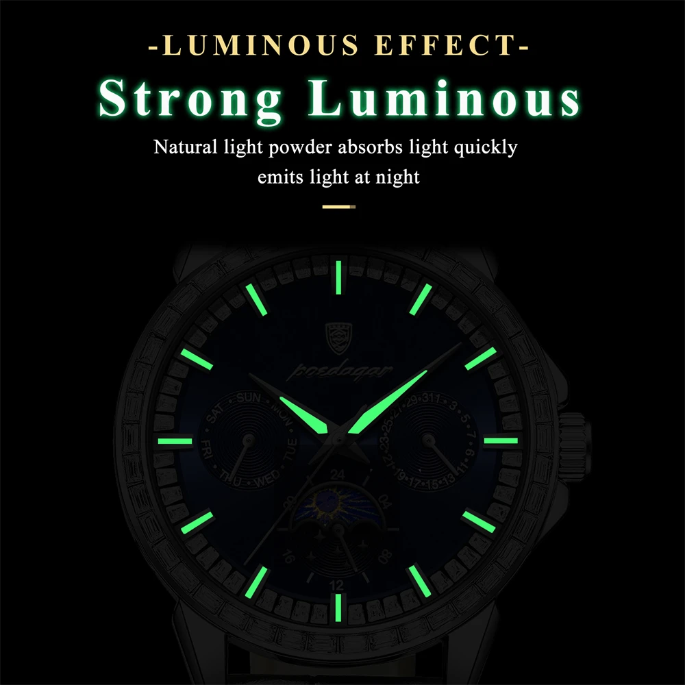 POEDAGAR Top Orologi di lusso per uomo Data settimana Orologio da uomo in pelle luminosa impermeabile Orologio da polso da uomo al quarzo moda casual Reloj