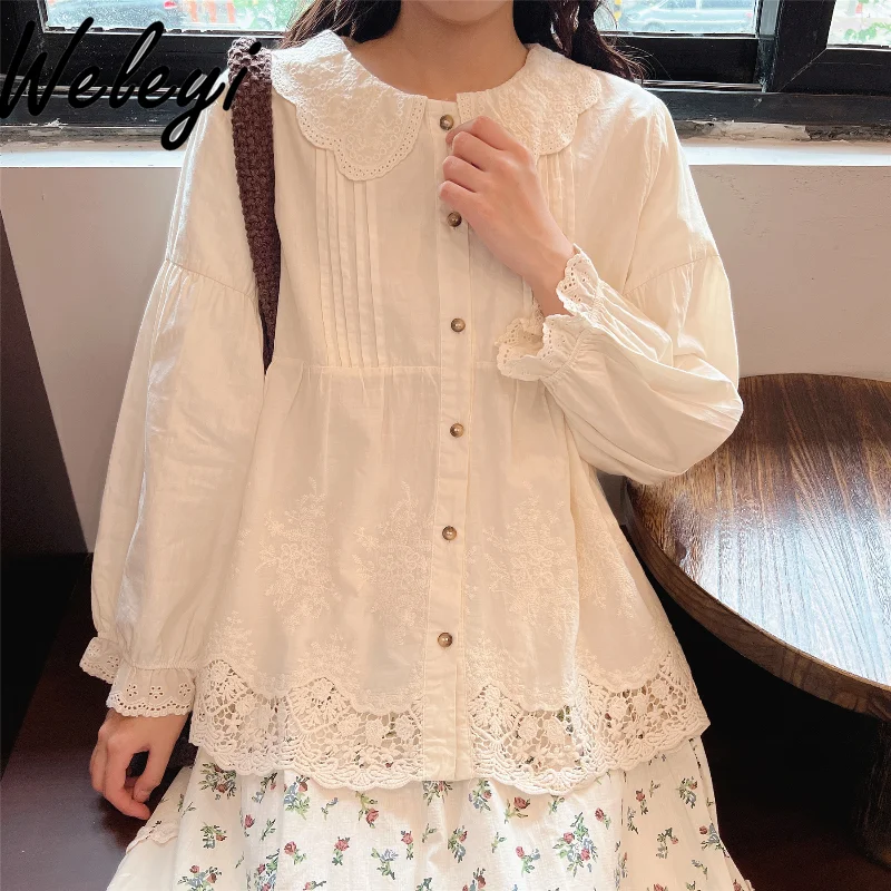 

Gentle Fairy Inner Cotton Shirt Fall Blouse Female 2024 New Sweet Hem Exquisite Embroidered Lace Long Sleeve Doll Collar Top