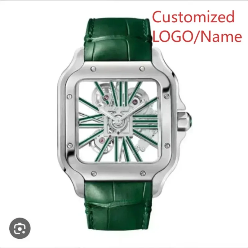 Модные часы Кварцевые полые часы из нержавеющей стали Синие кожаные квадратные наручные часы Мужские по индивидуальному заказу