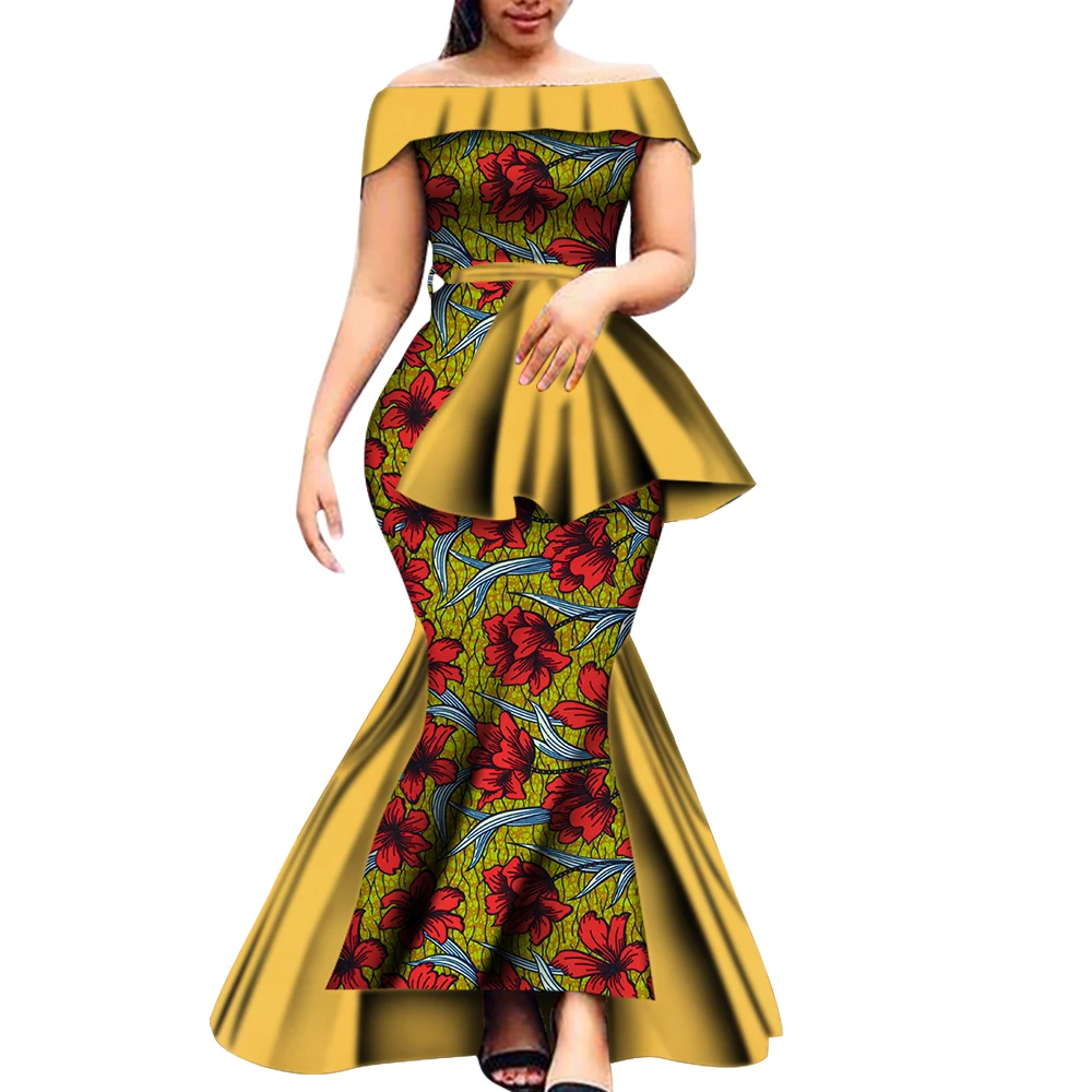 Bintarealwax Off-Shoulder Party Dress Bazin Riche African Dresses for Women Plus Size Graceful Lady Print Wax Clothing WY8650