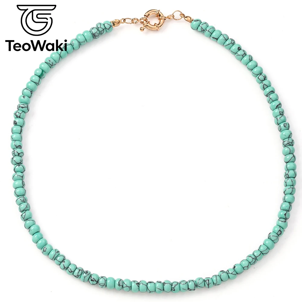 TeoWaki 4x6mm Green Turquoise Rondelle Beaded Necklace Boho Summer Autumn Beach Layering Necklace Jewelry Gift for Women 40cm