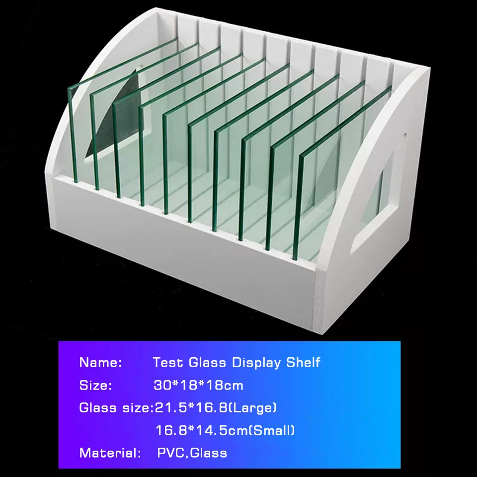 Window Tint Color Display Rack, Wooden Stand with 10 Clear Glass Panels for Automotive Film Sample Swatch & Storage OC-1