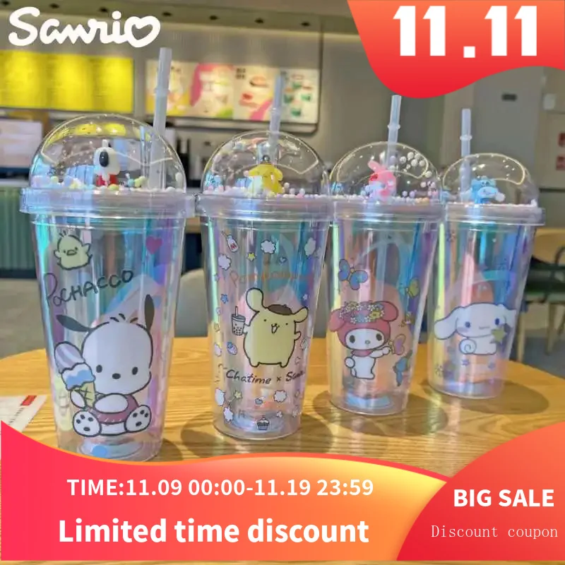 New Anime Sanrio Hello Kitty Cinnamoroll Melod Kuromi Water Cup Double-Layer Plastic Cup Portable Sport Mug Straw Water Cup Gift