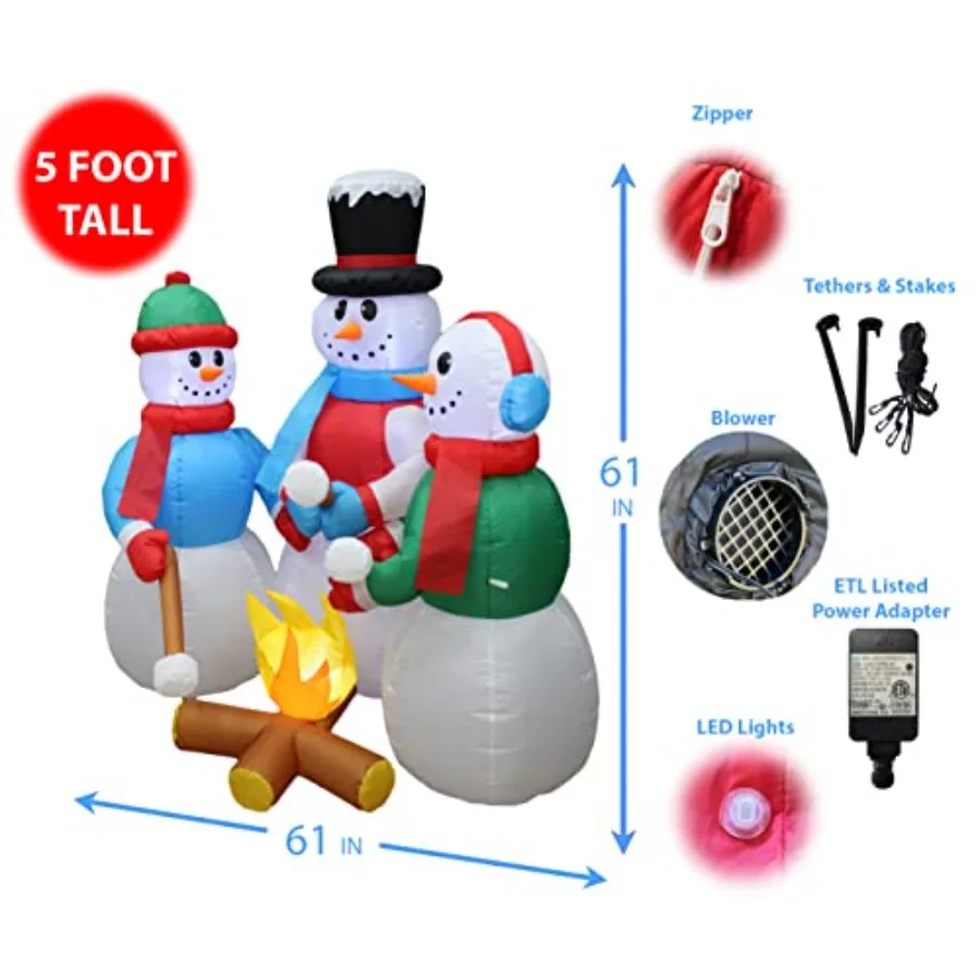 5 Ft Christmas Inflatable Snowmen Campfire Roasting Marshmallows Led Lights Outdoor Indoor Use White And Red Durable Vinyl With