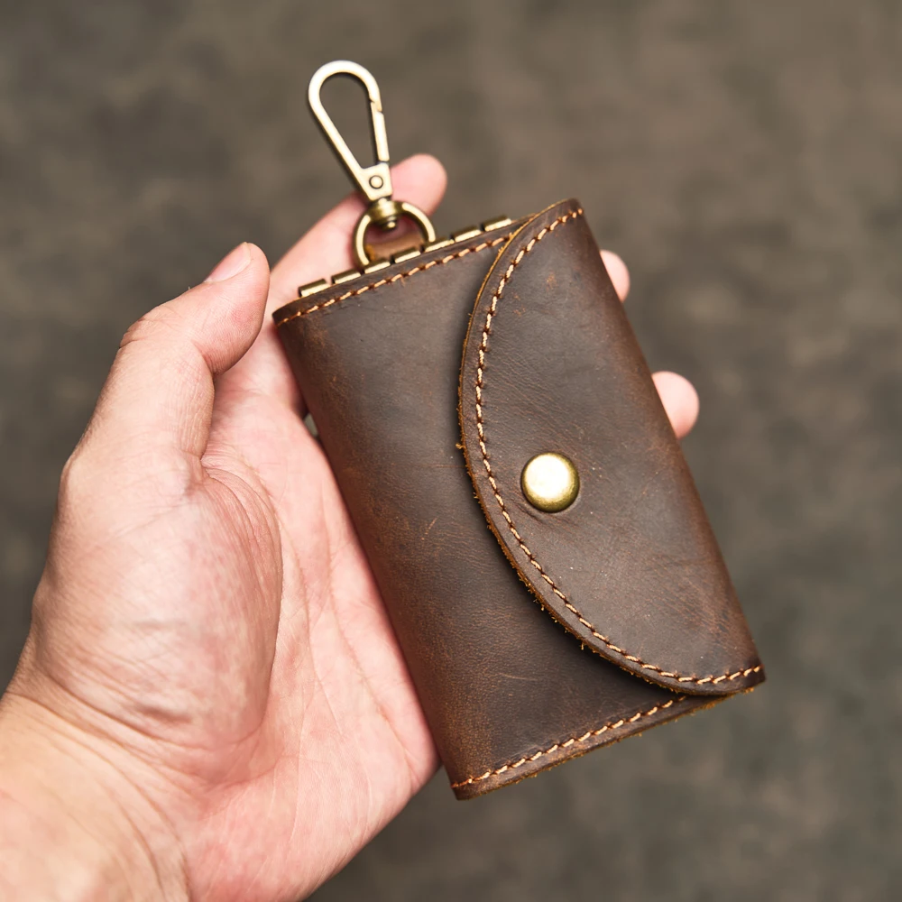 Retro Cowhide Key Wallet Handmade Genuine Leather Car Key Bag Portable Housekeeper Keys Holder Card Slot Money Clip Short Purse