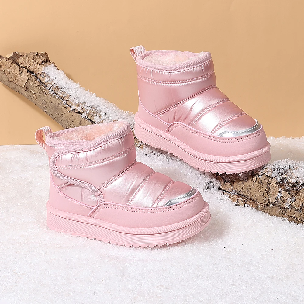 COMFY KIDS Toddler Girls Pink Puffy Fleece Lined Snow Boots Soft Non Slip Double Layer Rubber Sole Kids Winter Shoes