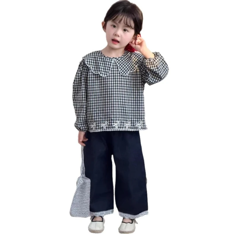 

2026 Spring and Summer Hot Selling New Black and White Broken Grid Color blocked Lotus Leaf Collar Sweet Long Sleeve