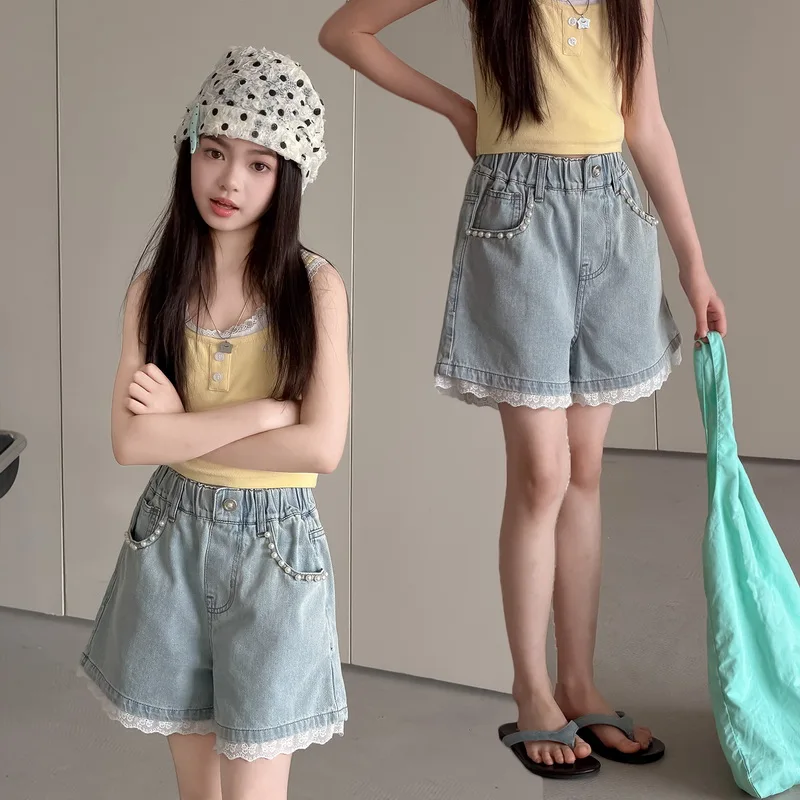 

Elegant Children Mini Denim Shorts with Lace Bottom for Tweens Girls Fashion Pearl pocket Casual Short Pants Kids Summer Shorts