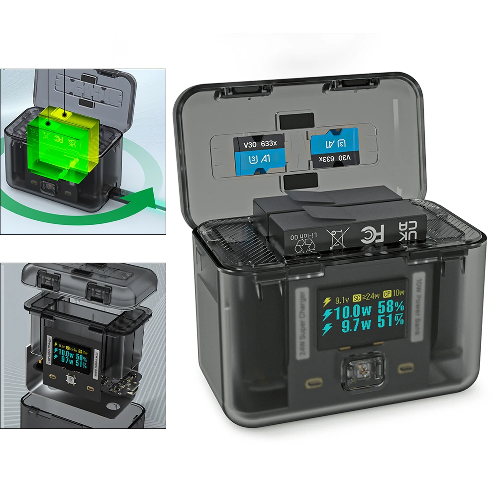 24W Smart Charging Case Battery Bidirectional Fast Charging Charger With Memory Card Storage For Insta360 AcePro2 Accessories