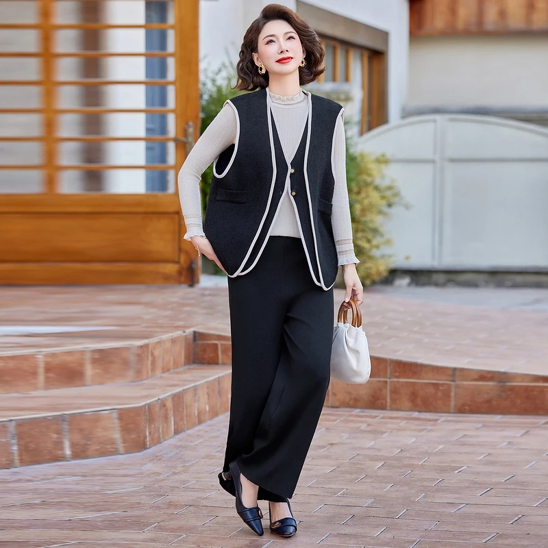 

Casual Knitted Autumn Set for Mom Middle-Aged And ly Women Comfortable Loose Fit Long Pants round Ne Single Button Clo...