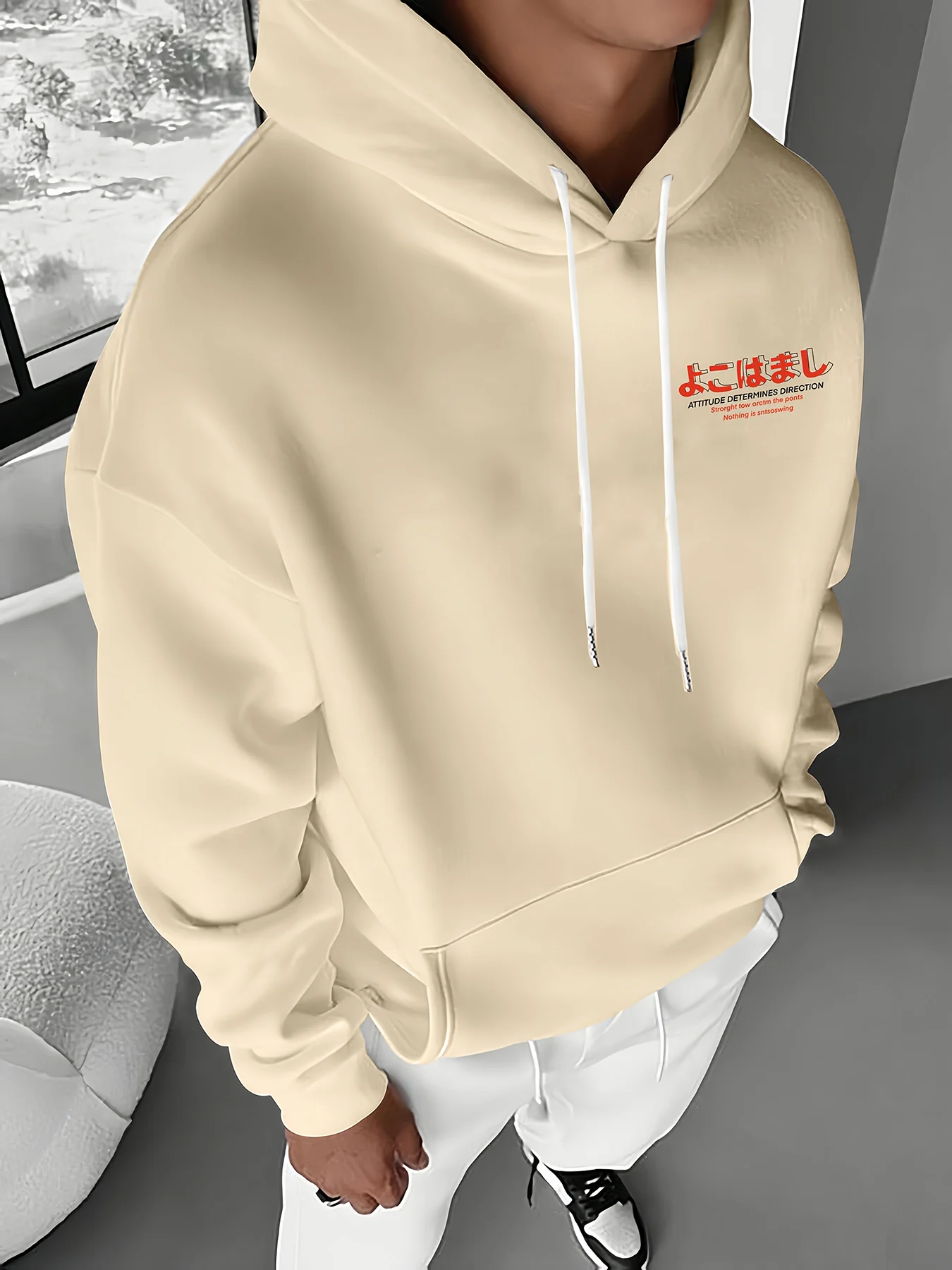 Men's autumn and winter casual fashion loose Tokyo pattern printed long sleeved hooded sweatshirt warm pullover