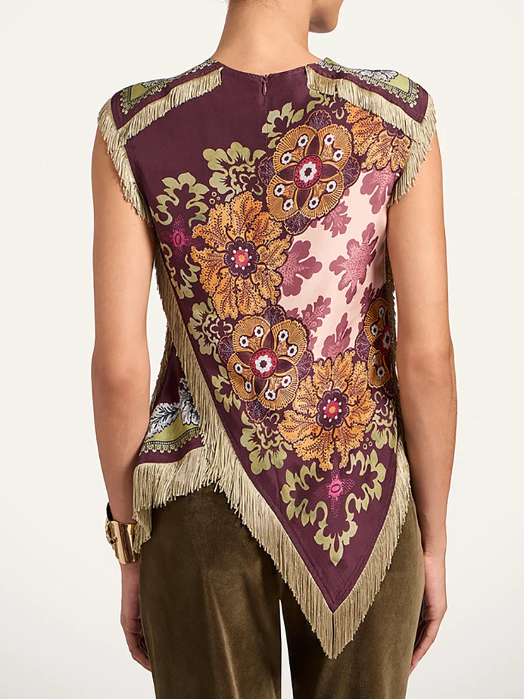 بلوزة ربيعية جديدة أنيقة برقبة دائرية، بلوزات نسائية بسيطة غير رسمية بدون أكمام، بلوزات نسائية مرقعة بشرابة مطبوعة عتيقة لعام 2026