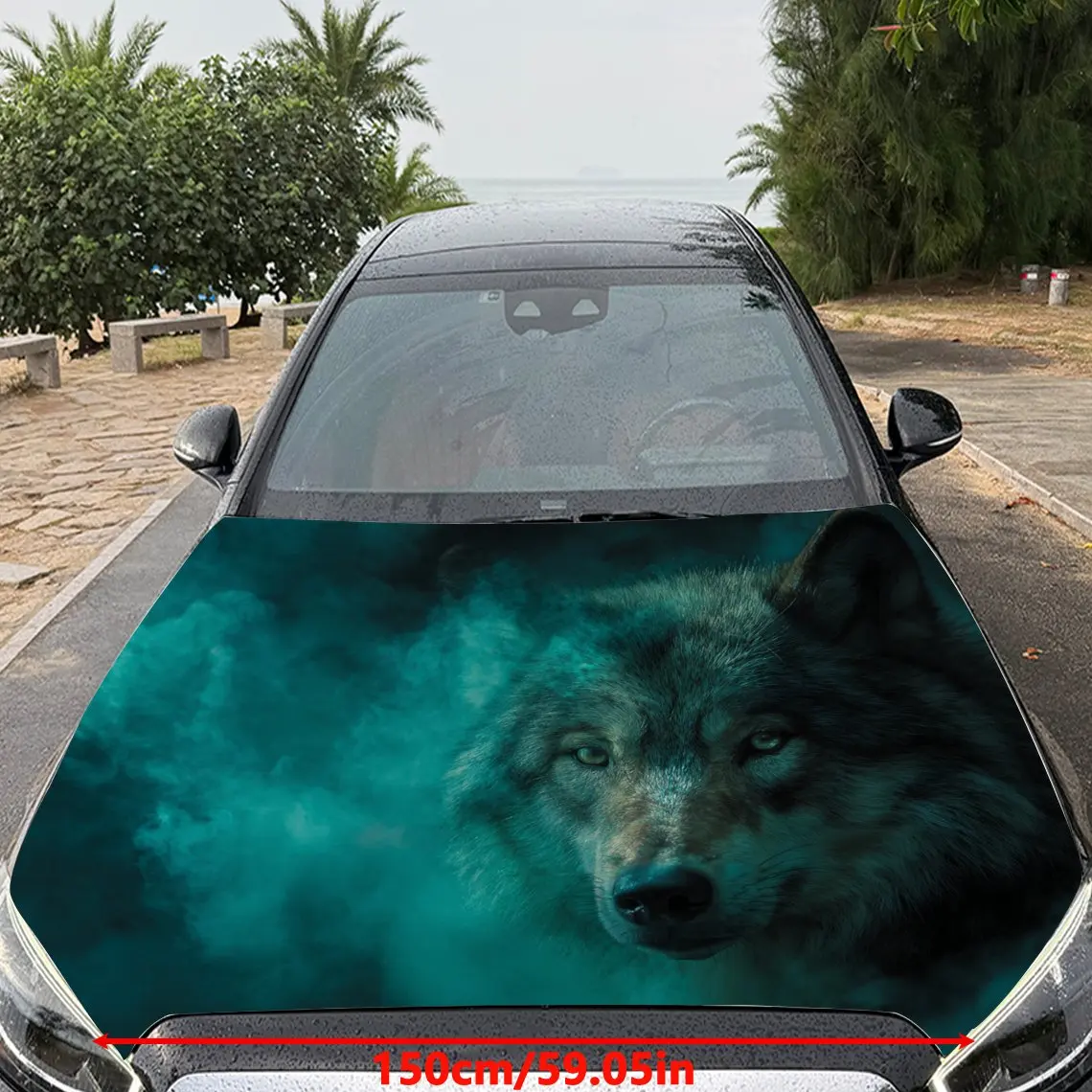 Car Decals Wolves with Silky Fur, Piercing Eyes, and a Swirling Teal - Themed Scene Car Hood Sticker, Waterproof Self - Adhesive
