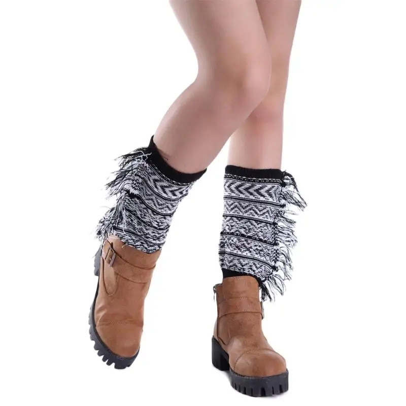 Women Bohemian Boot Cuffs Toppers Side Fringed Tassels Crochet Knit Short Socks Leg Warmers Geometric Striped Calf Hosiery