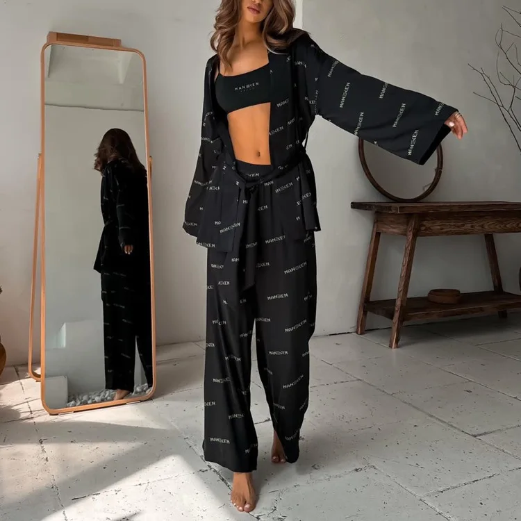 Printing Female Pajamas 2 Piece Suit Long Sleeve Lace Up Sleepwear Sexy V-Neck Nightgowns Pants Casual Nightwear Sets