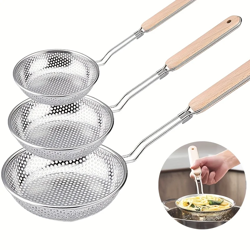 3-Piece Stainless Steel Strainers with Wooden Handles - Pasta Draining & Food Prep Kitchen Tools