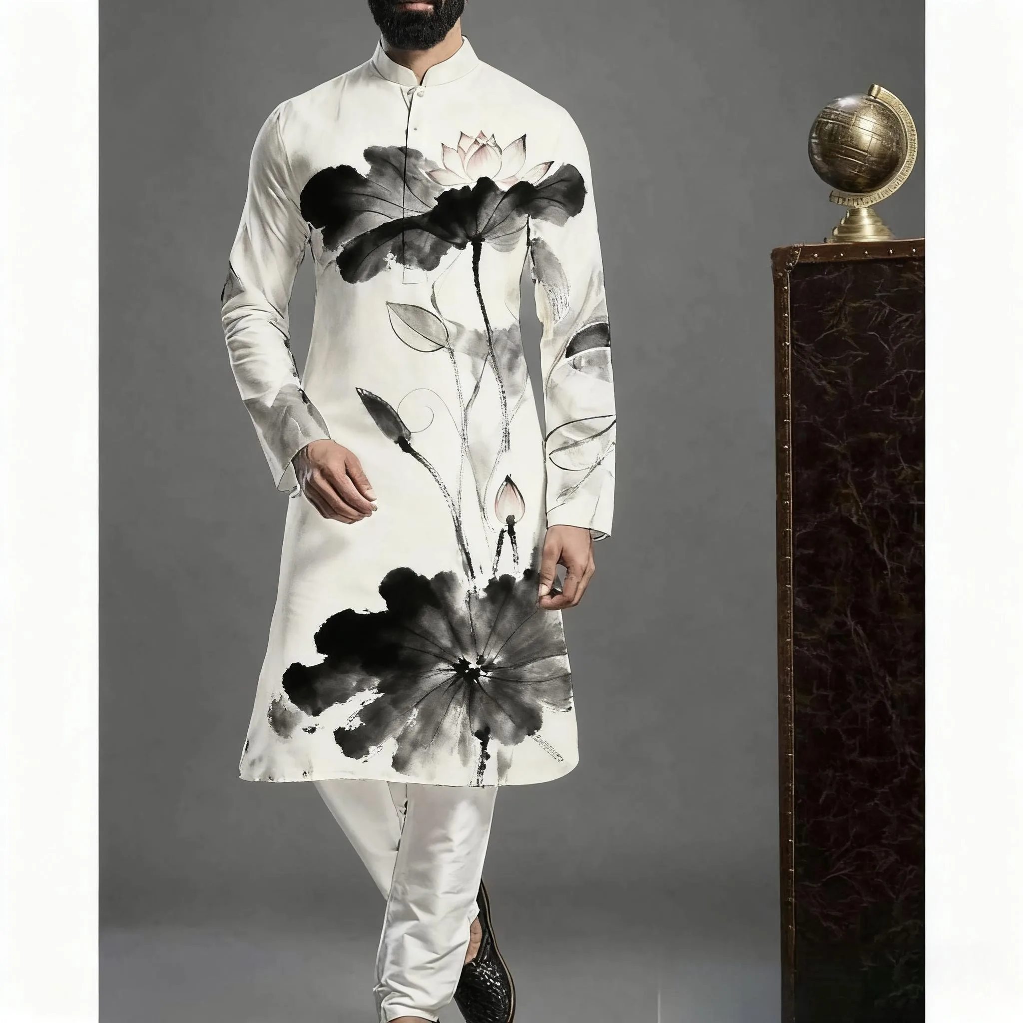 Men's Islamic Arabic Abaya Robe Ethnic Print Stand Collar Youth Mid-length Shirt Luxury Coat Casual Turkish Suit For Men