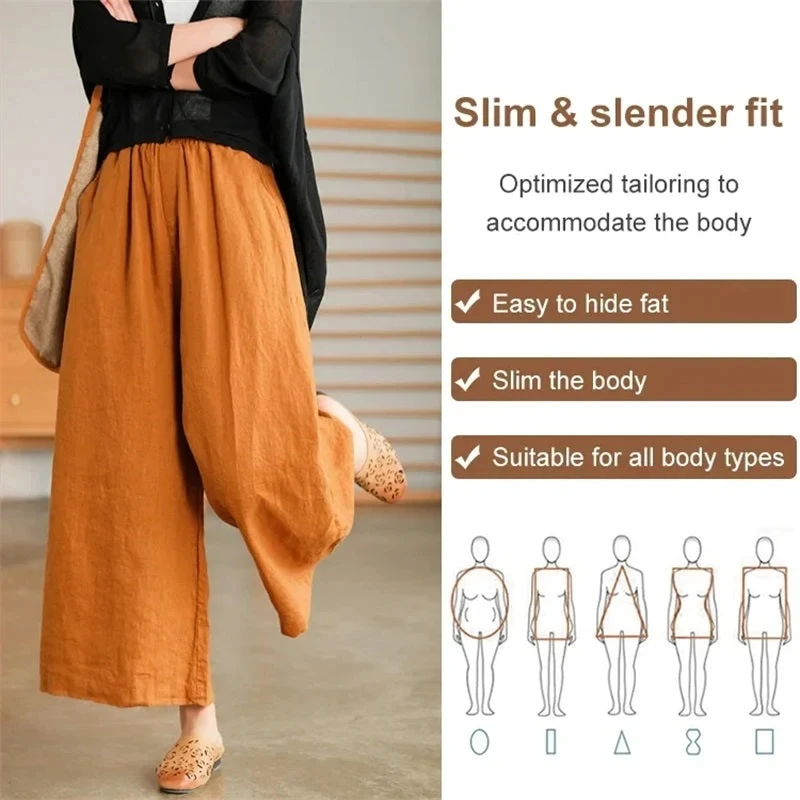 Pantalones informales holgados de pierna ancha para mujer, calzas Vintage de lino y algodón de cintura alta, pantalones holgados de cintura elástica suave para primavera