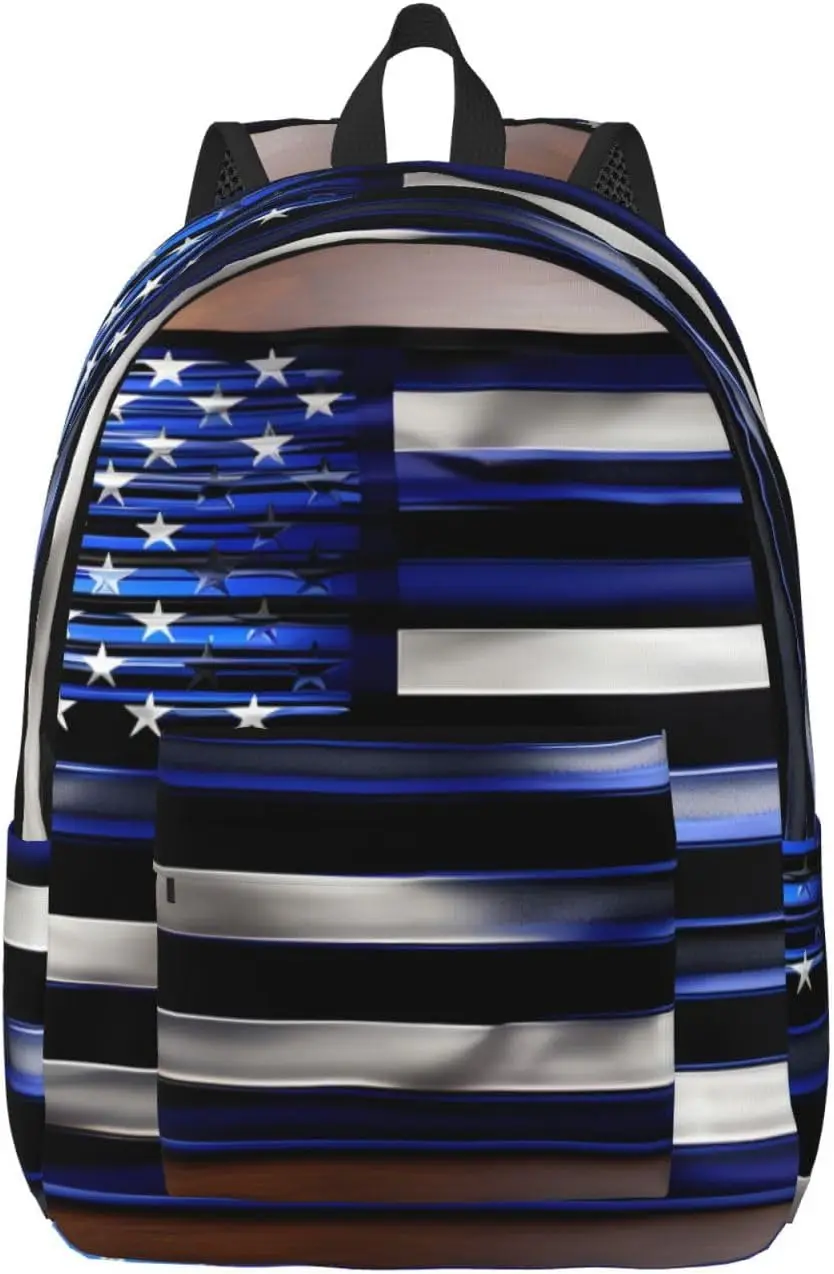

American Thin Blue Line Flag Print Stylish Canvas Backpack,Travel Backpack With Pockets,For Hiking And Daily Use