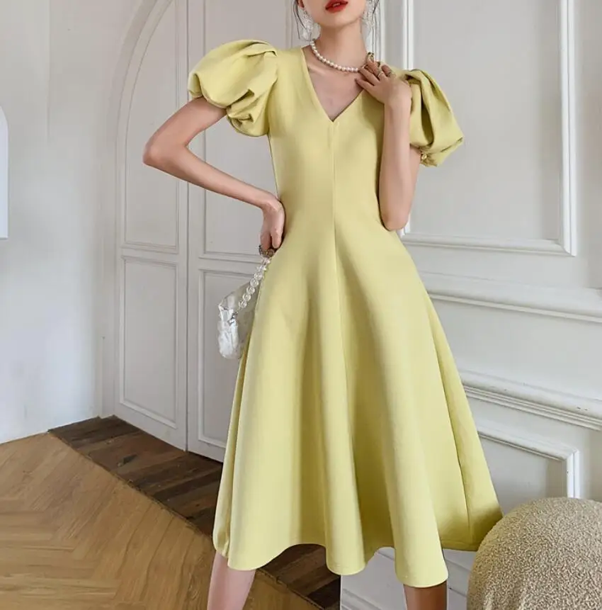 

French Vintage Light Luxury Yellow Party Dresses For Women Summer V-Neck Puff Sleeve Slim Waist Solid A-Line Dress s172