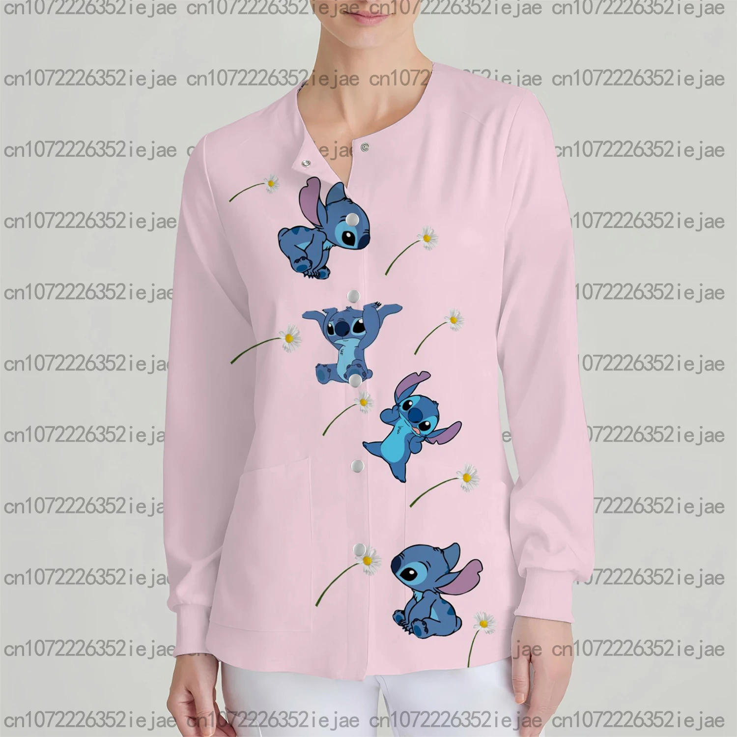 Abrigo de enfermera holgado informal con bolsillo y manga larga con estampado de Stitch de Disney para mujer, ropa de trabajo para dentista, bata quirúrgica, chaqueta exfoliante