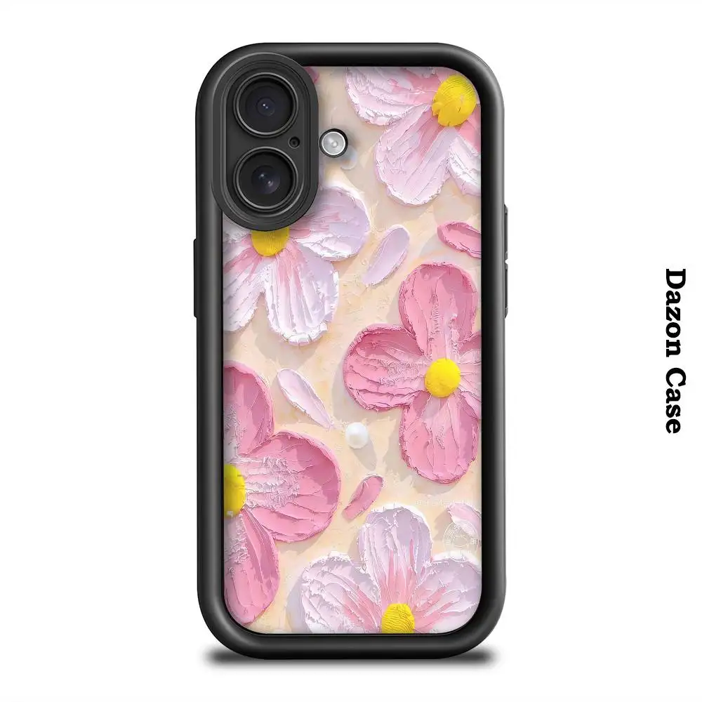

Luxurious Pink Flowers Phone Case Black Frosted Case For IPhone 16 15 14 13 12 11 Pro Max Back Cover Cases