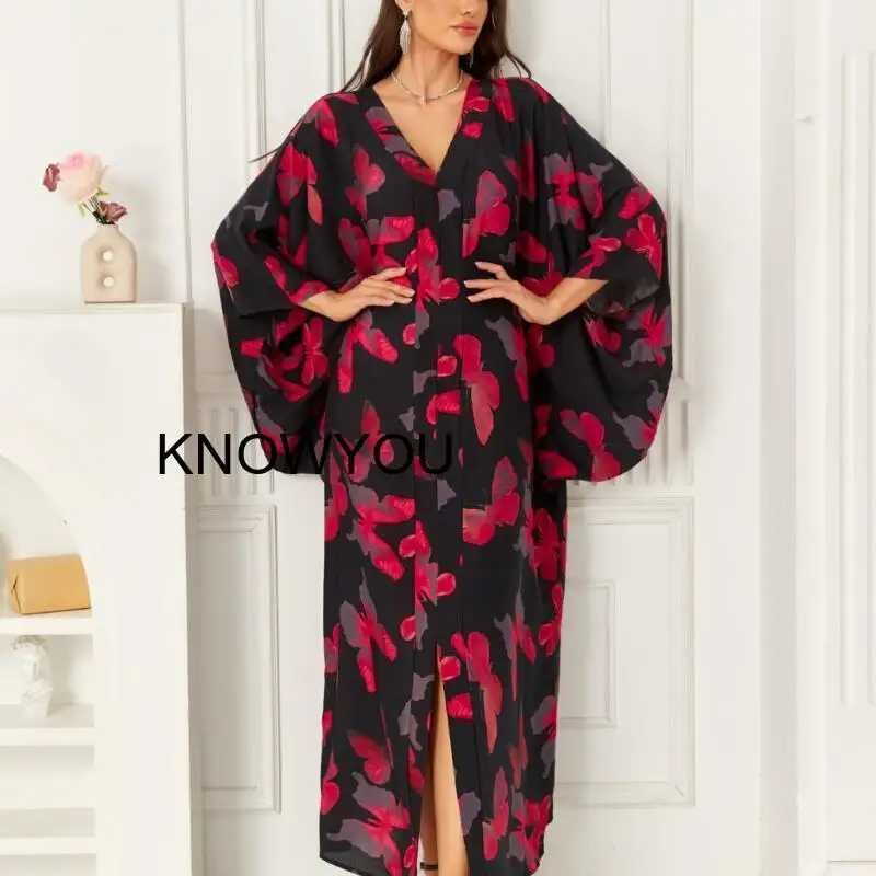 

Женское кимоно с широкими рукавами и цветочным принтом, пляжный халат с V-образным вырезом, накидка для бикини, летнее платье с принтом