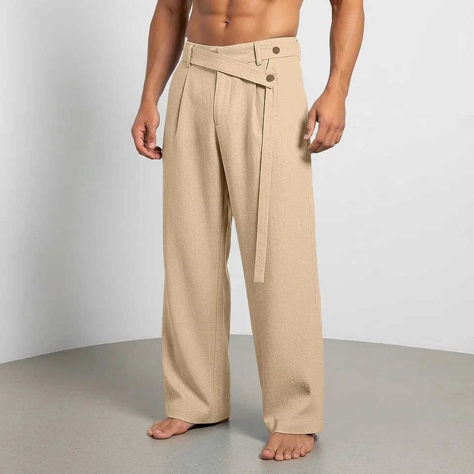 Men's Casual Cotton Linen Pants Summer Loose Fit Lightweight Beach Pants Solid Color Wide Leg Cozy Trousers Mens Clothing