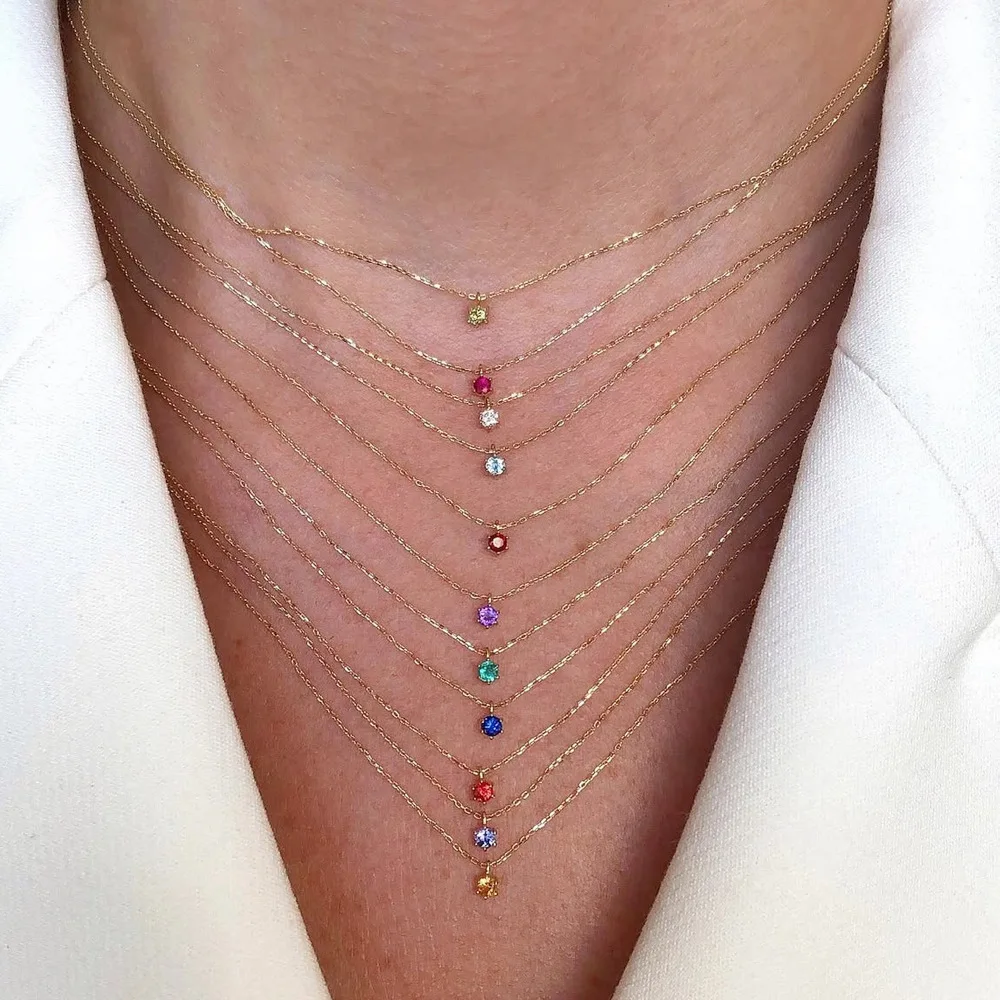 Classic 12 Month Multicolored CZ Birthstone Pendant Neckalce Stainless Steel Tiny Zircon Choker for Women Birthday Gift Jewelry
