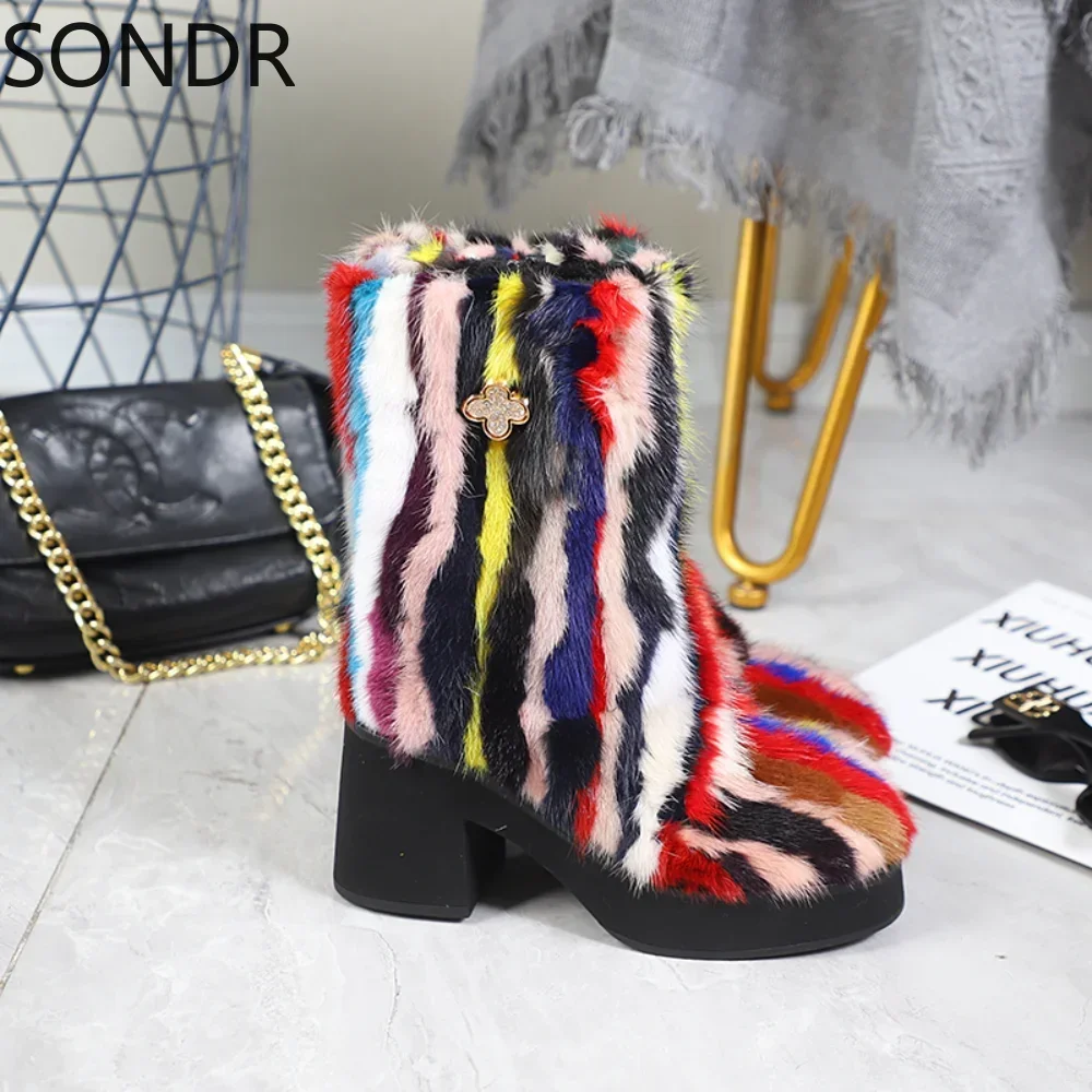 Women's Winter Snow Fur Lining Real Mink Fur Trim Furry Mid Calf Boots Thicken Shoes Warm Rainbow Colors  New 2024