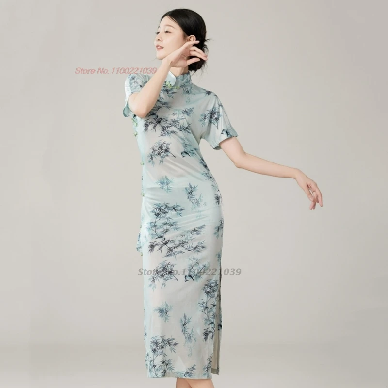 2025 abito popolare di danza vintage cinese tradizionale stampa di bambù elastico qipao cheongsam allenamento esercizio prestazioni abito popolare
