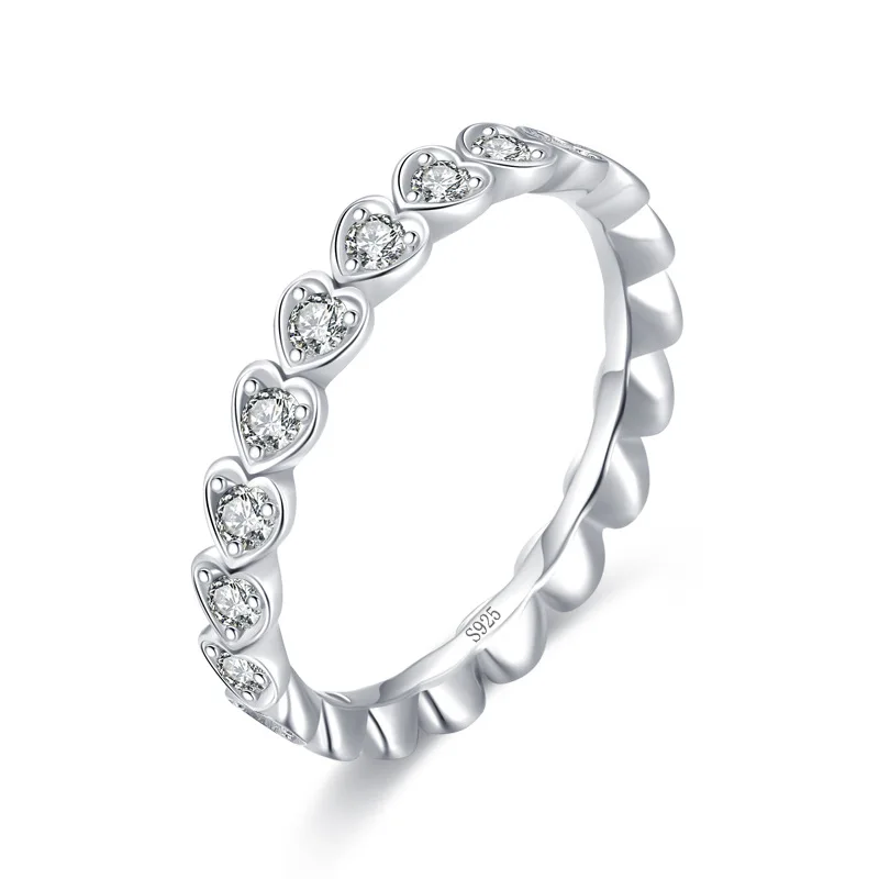 

Elegant Lovely Hearts Design Rhodium Plated S925 Silver Diamond Ring Band for Women