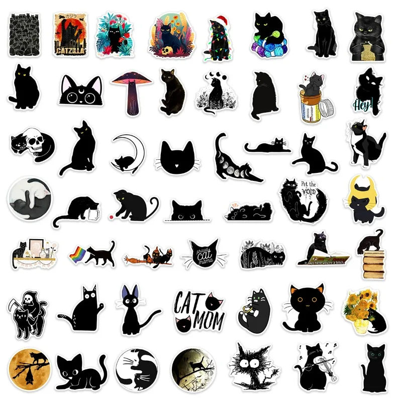 50PCS  Cute Black Cat Cartoon Graffiti Stickers Decorated Notebook Water Cup Suitcase Guitar Student Stationery PVC Decals