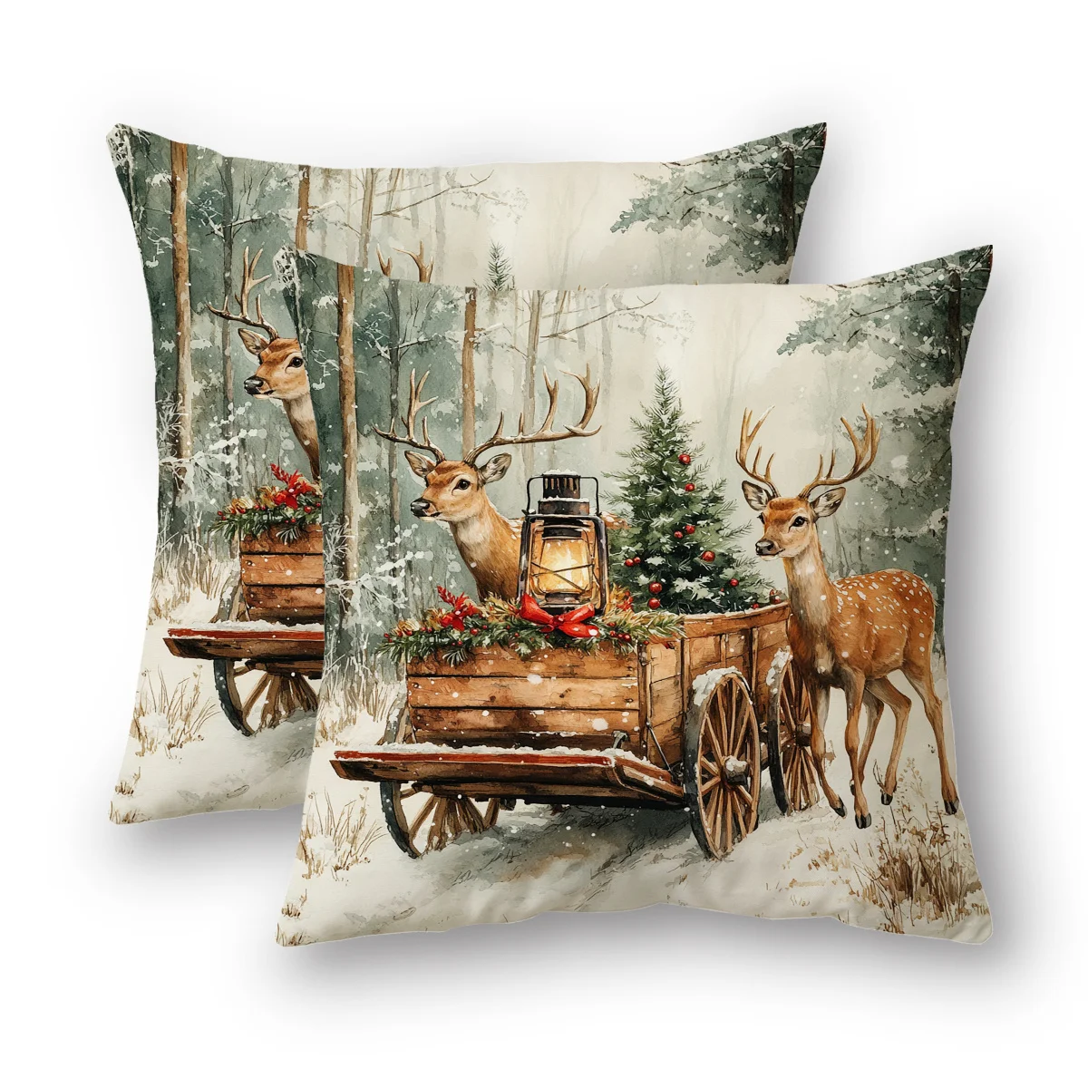 2pcs Vintage Christmas Pillow Covers - Rustic Deer Wagon Design, Polyester, Zipper Closure, Hand Washable, 18x18 Inch