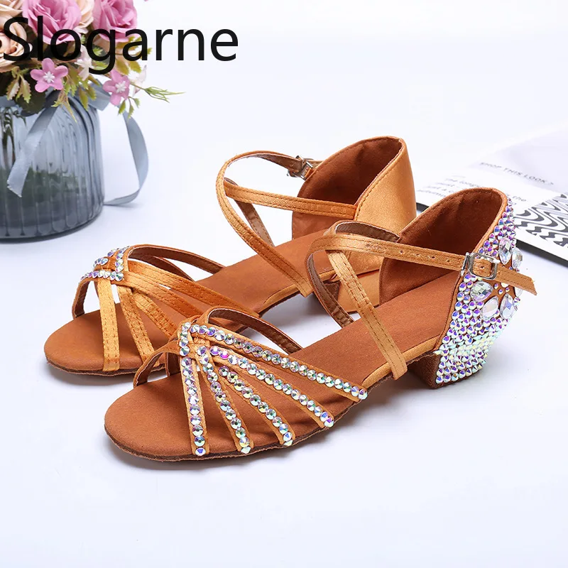 2026 Women Summer New Water Diamond Latin Shoes Kids\' Satin Artificial 3.5CM Heels Jazz Waltz Tango Modern Ballroom Dance Shoes
