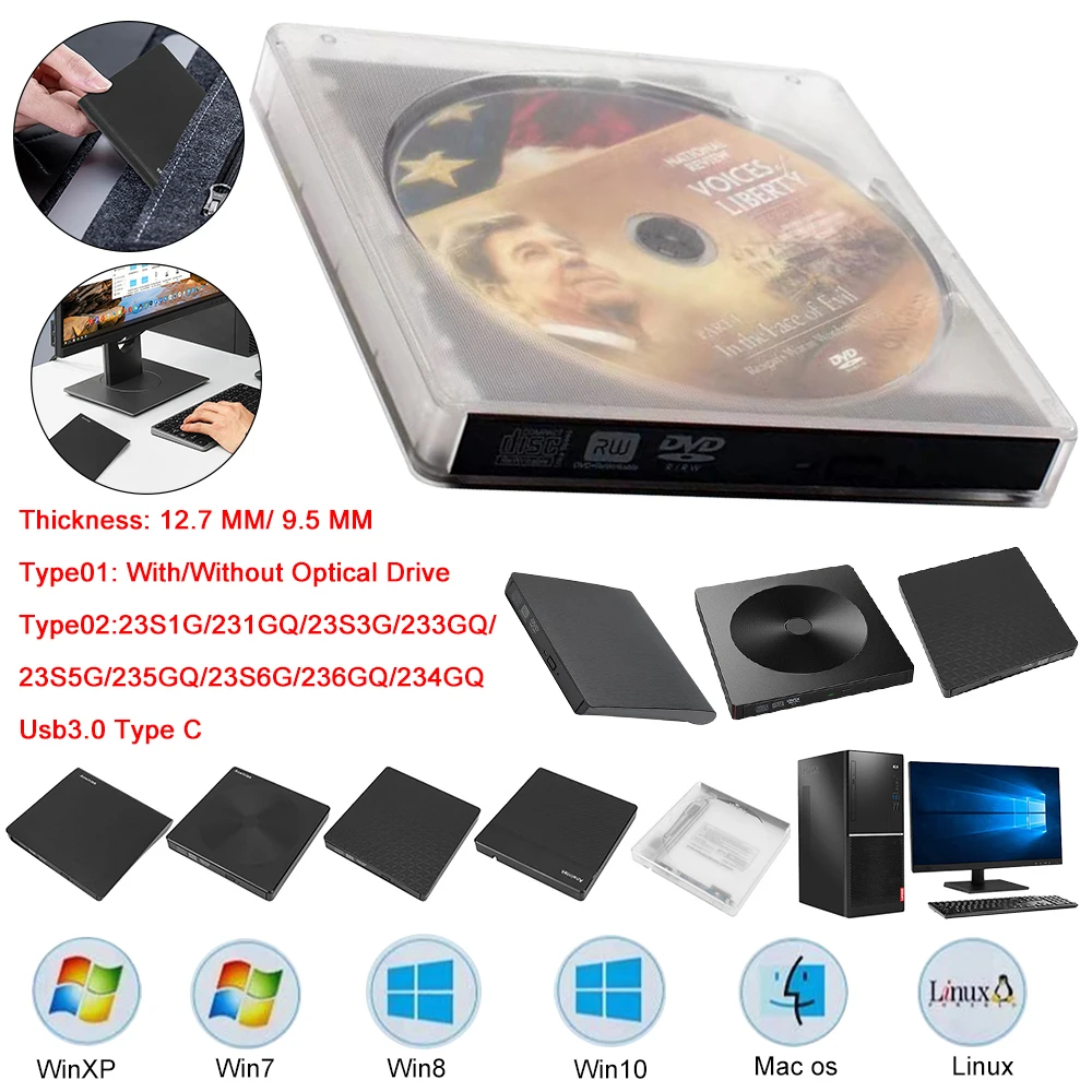 External CD DVD RW Optical Drive USB 3.0 Slim Drive Burner Reader Player ortable DVD&CD-ROM Burner Players Type-C CD ROM Readers