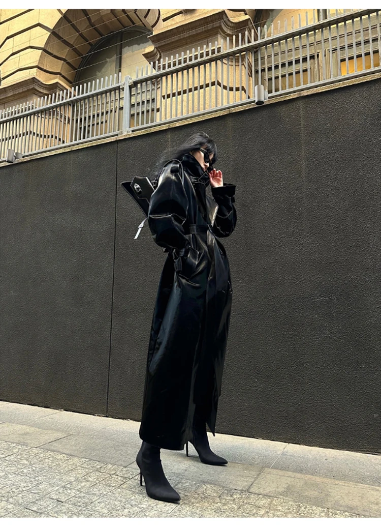 Lautaro Spring Autumn Extra Long Oversized Cool Reflective Shiny Black Patent Leather Trench Coat for Women Belt Runway Fashion