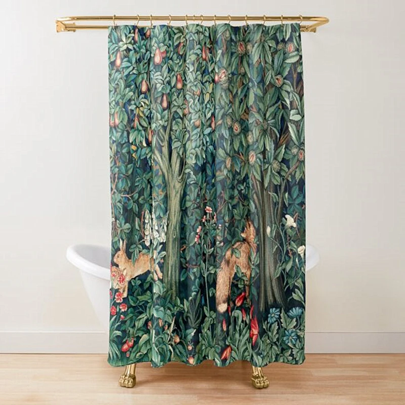 Forest Animals Pheasant and Fox Blue Green Floral Shower Curtain Hares Forest Greenry Shower Curtain Set for Bathroom with Hooks