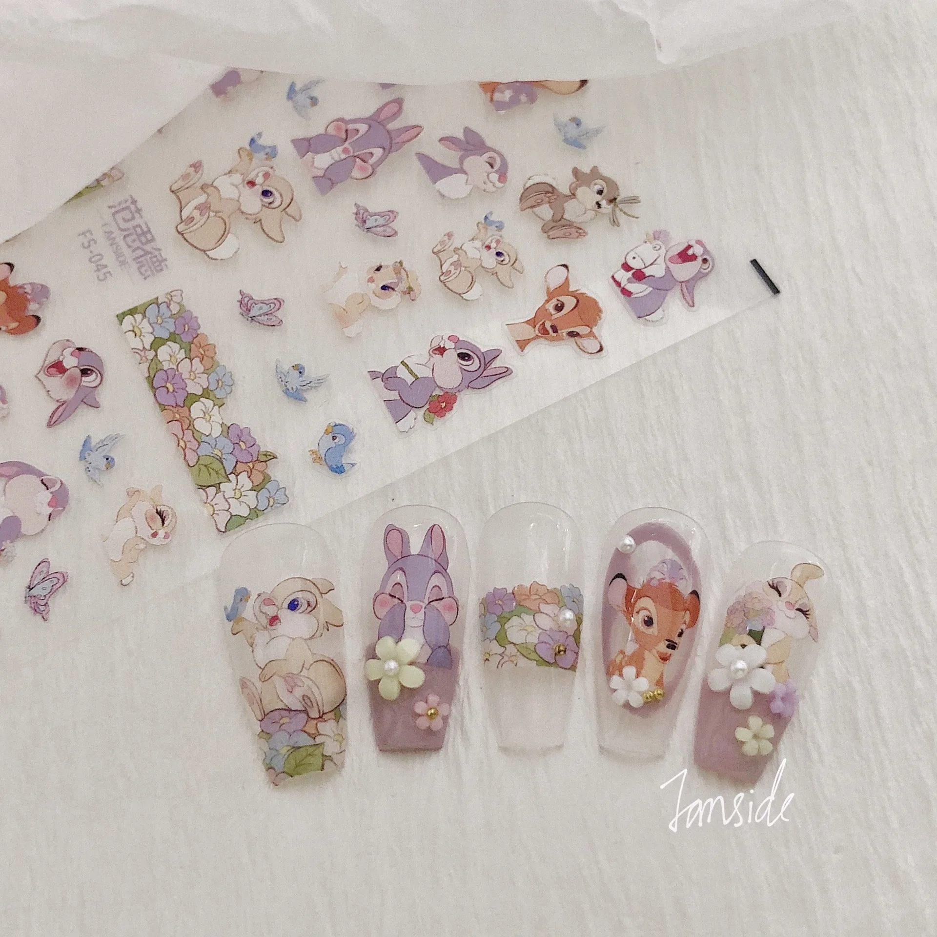

5pcs 2022 New Japanese Cartoon Rabbit and Deer Thin Tough Nail Stick Pro Relief Backglue Nail Sticker SN05