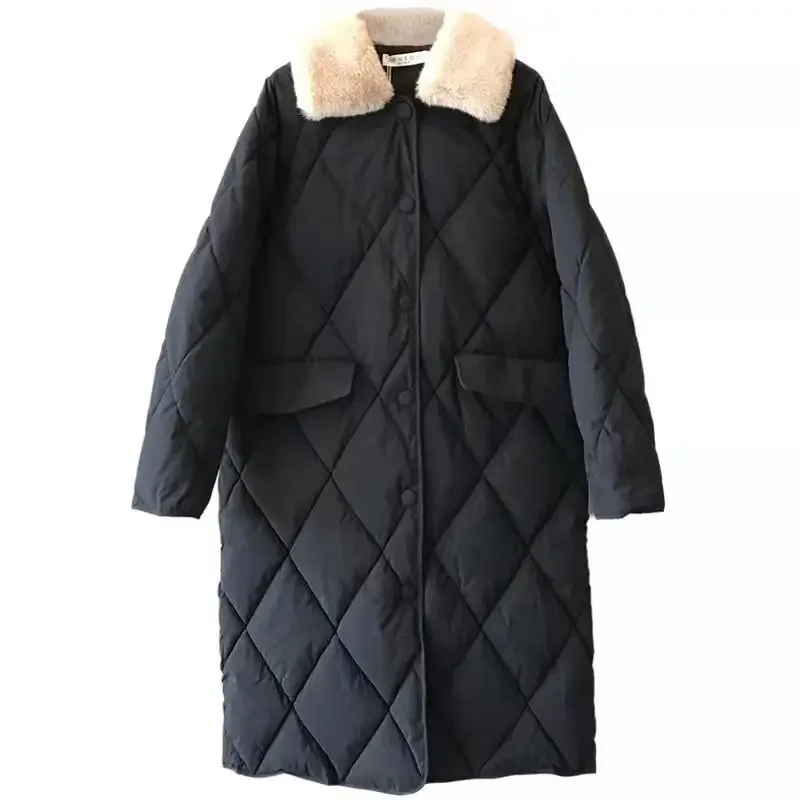 2024 New Style Retro Hong Kong Wind Diamond-Quilted Down Cotton Parka for Women, Knee-Length and Loose Thickened Coat